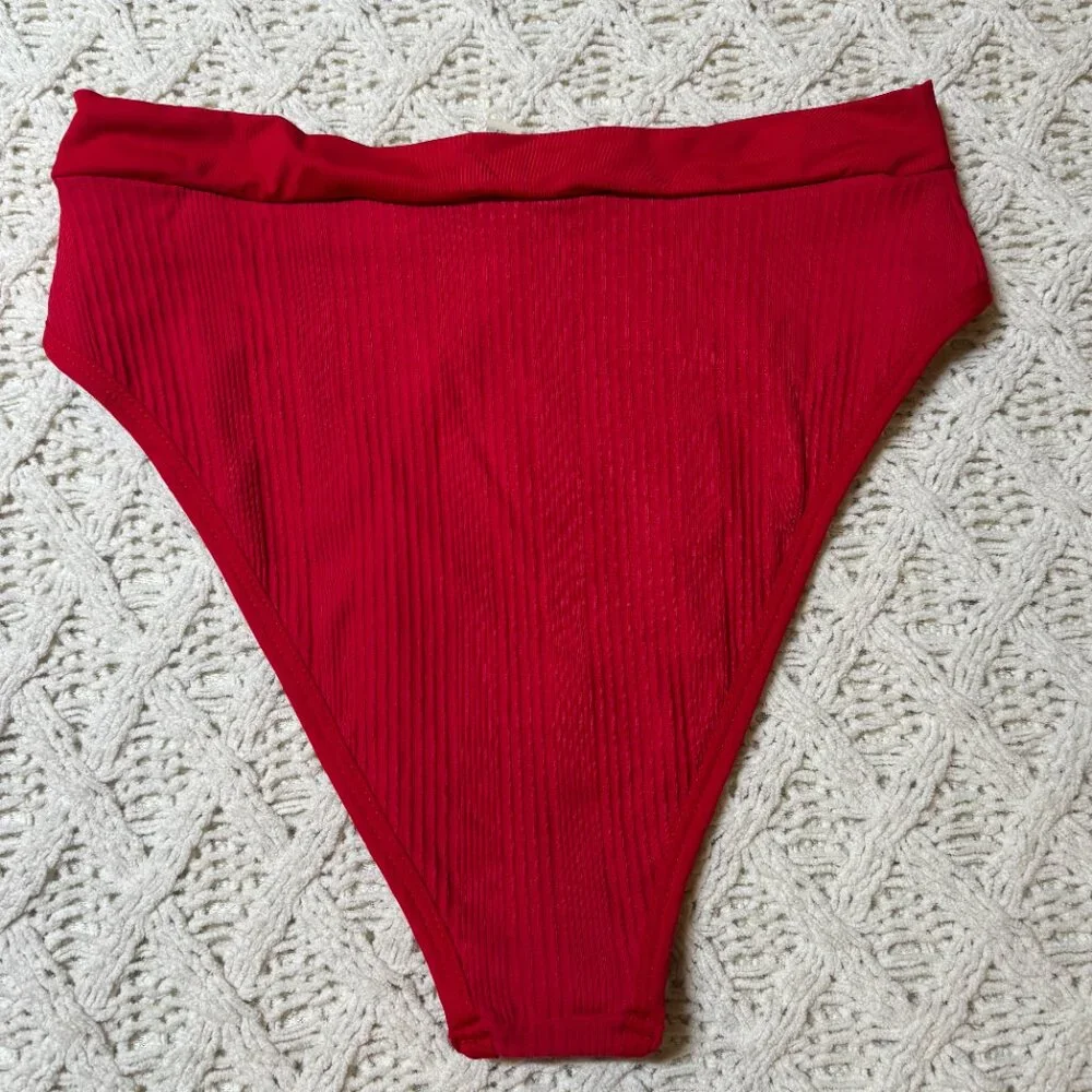 NWT L*Space Frenchi Bikini Bottom Red Ribbed High Waist‎ Swimwear – Women’s XL